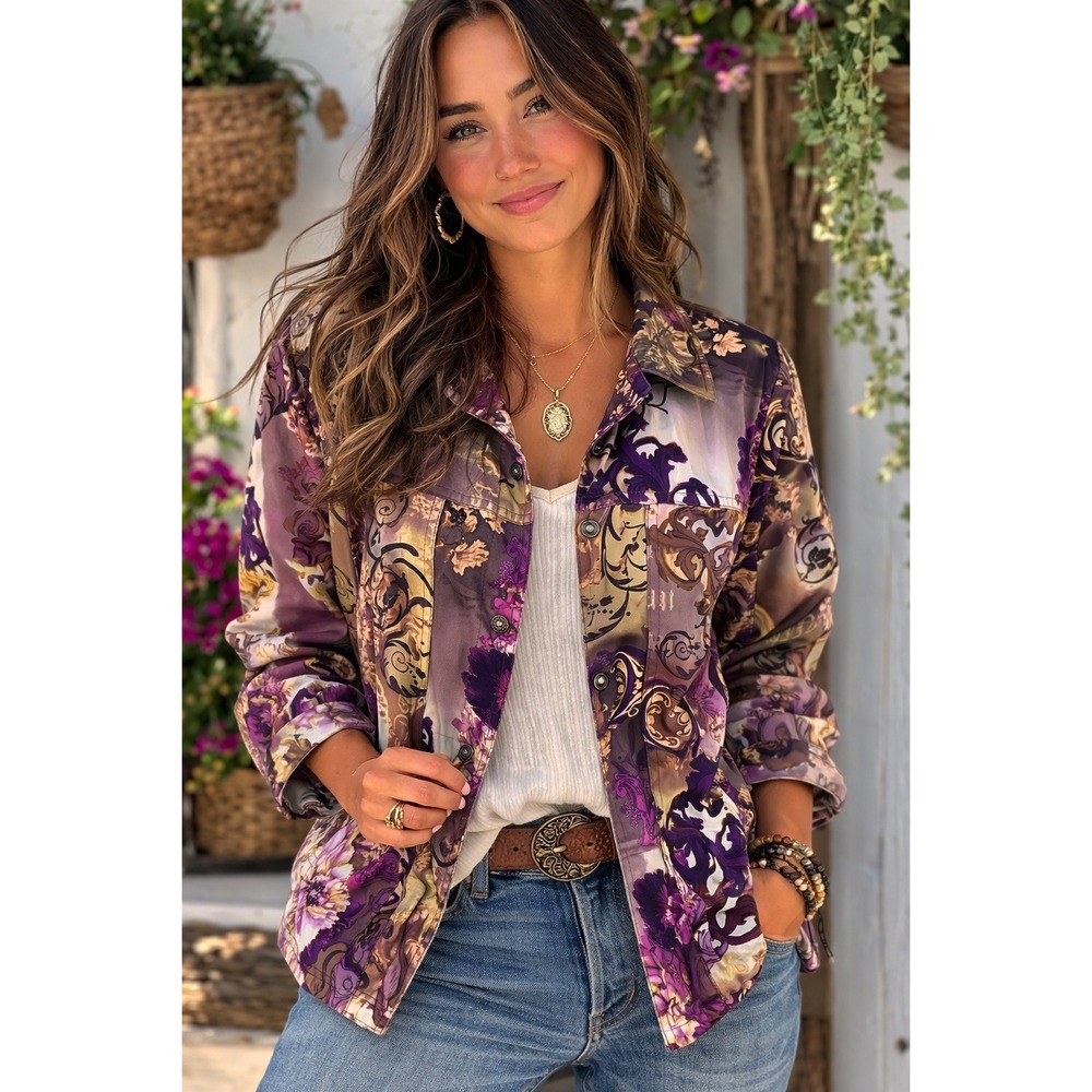 TanJay Baroque Floral Jacket Womens‎ Large Purple Scroll Print Button Shirt